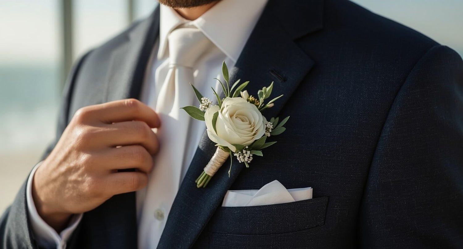 Classic white rose boutonniere with greenery on a navy suit for a Tampa wedding