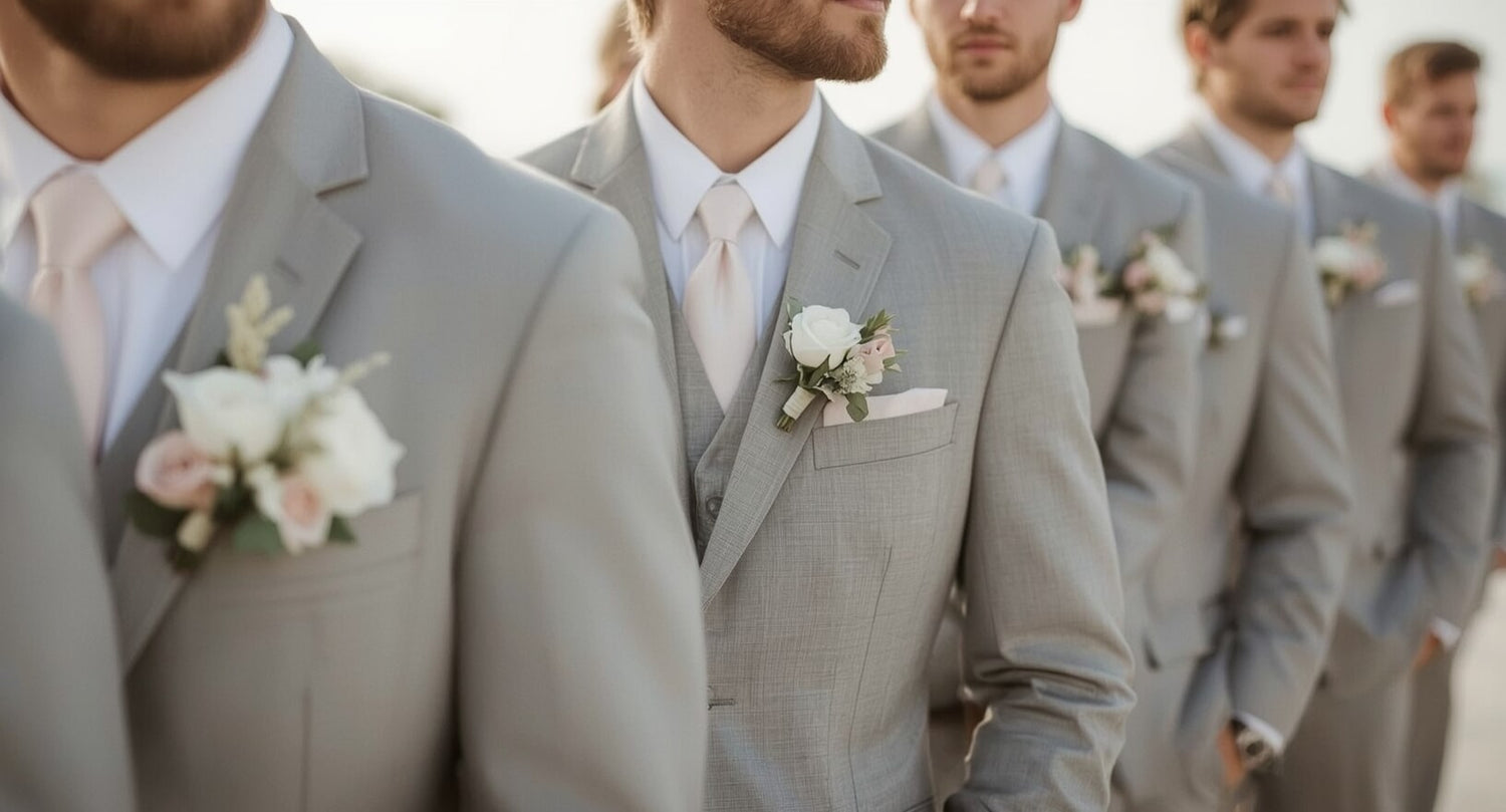Light gray groomsmen suits with white rose boutonnieres at a Clearwater beach wedding