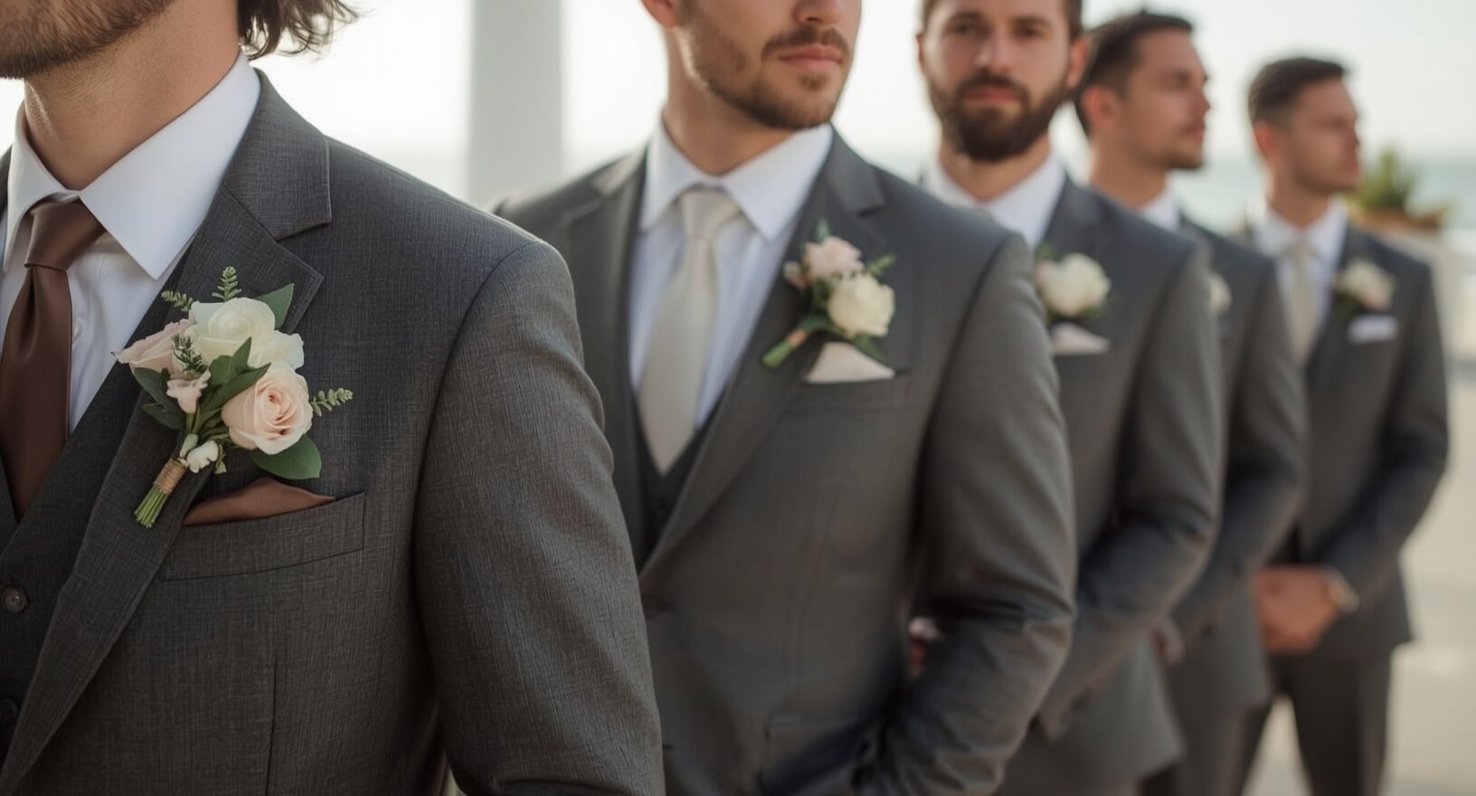 Modern white and blush rose boutonnieres on dark gray groomsmen suits in Tampa